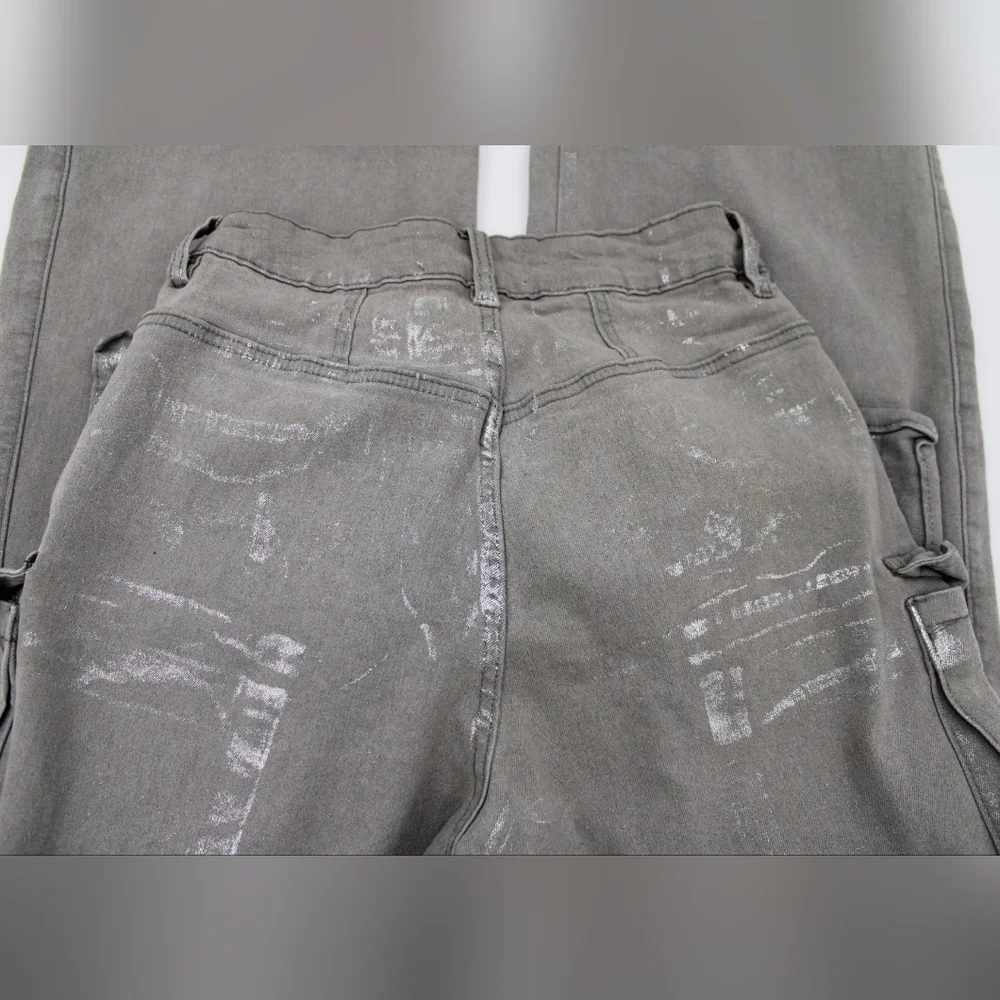 Fashion Nova Time To Shine Silver Foil Cargo Jeans Size 3 Baggy - Picture 7 of 8